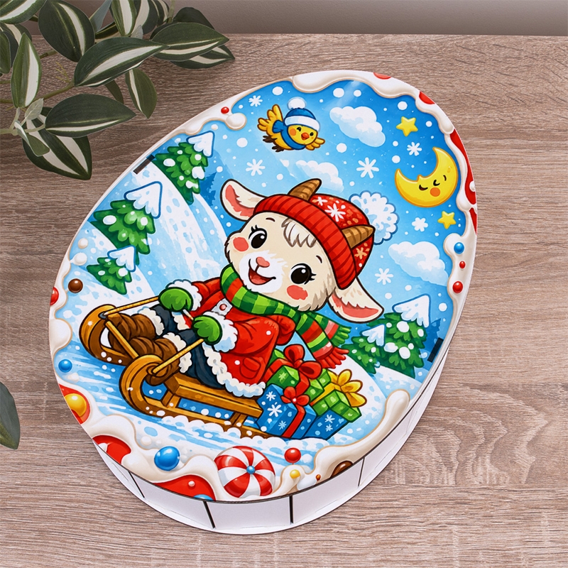 Овальна подарункова коробка Kinder різноколірна 28.5×21.6×9.3 см «із козою на санах»