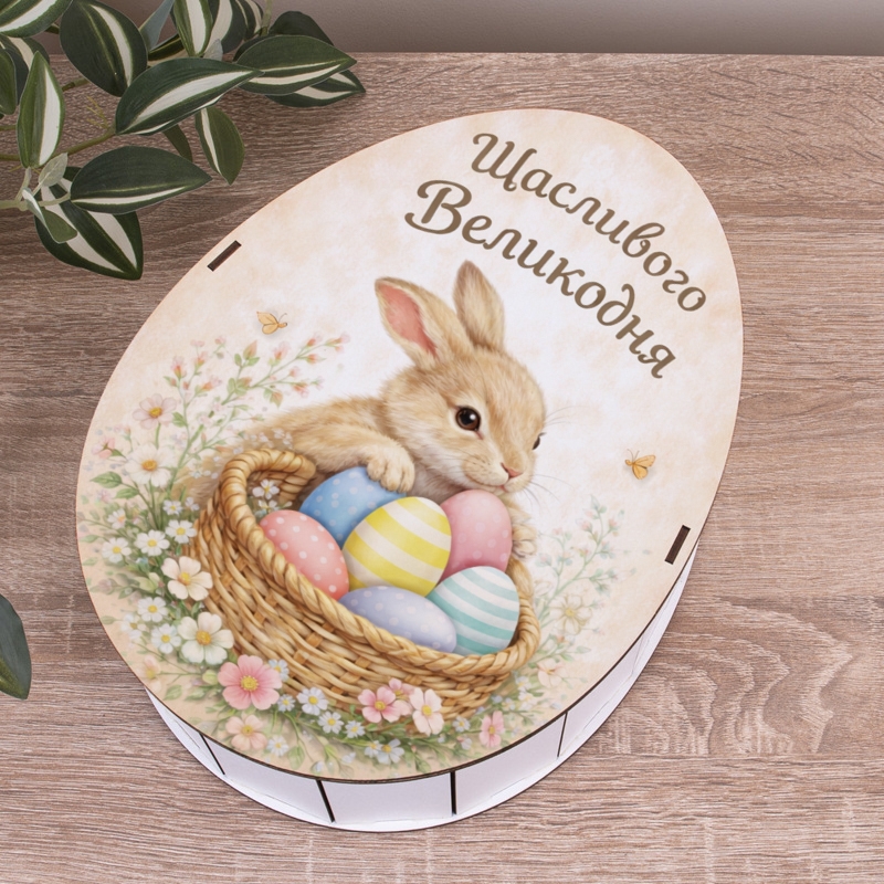 Овальна подарункова коробка Kinder 25×19×7.6 см «Щасливого Великодня — кролик із кошиком»