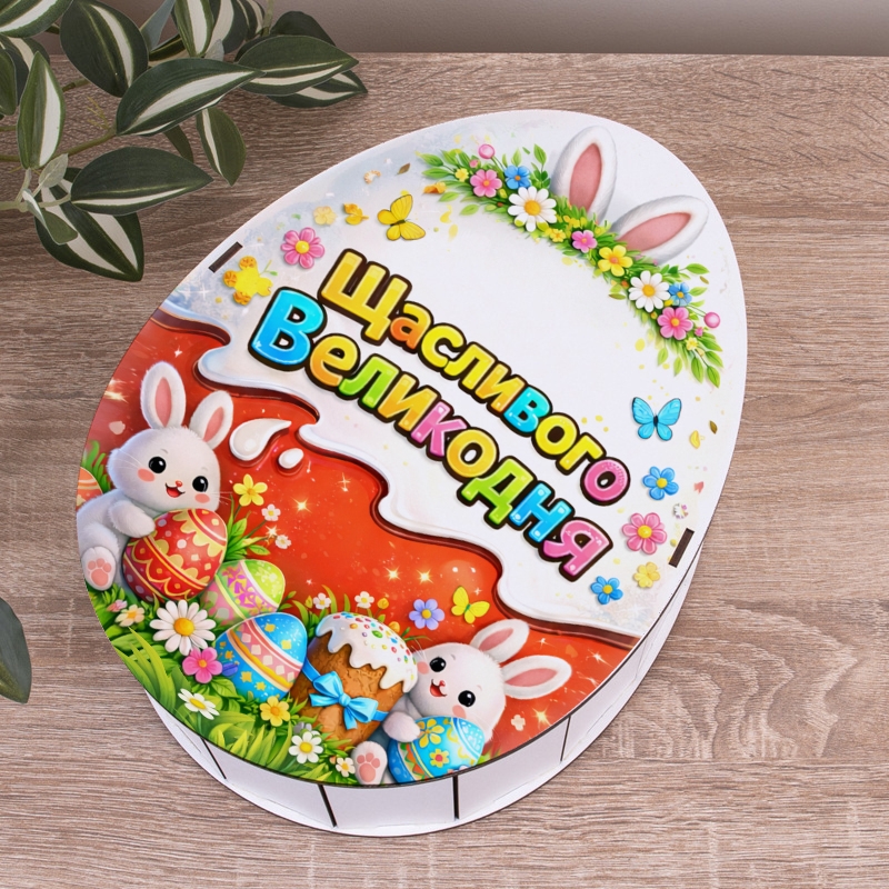 Овальна подарункова коробка Kinder 25×19×7.6 см «Щасливого Великодня — кролики та крашанки»
