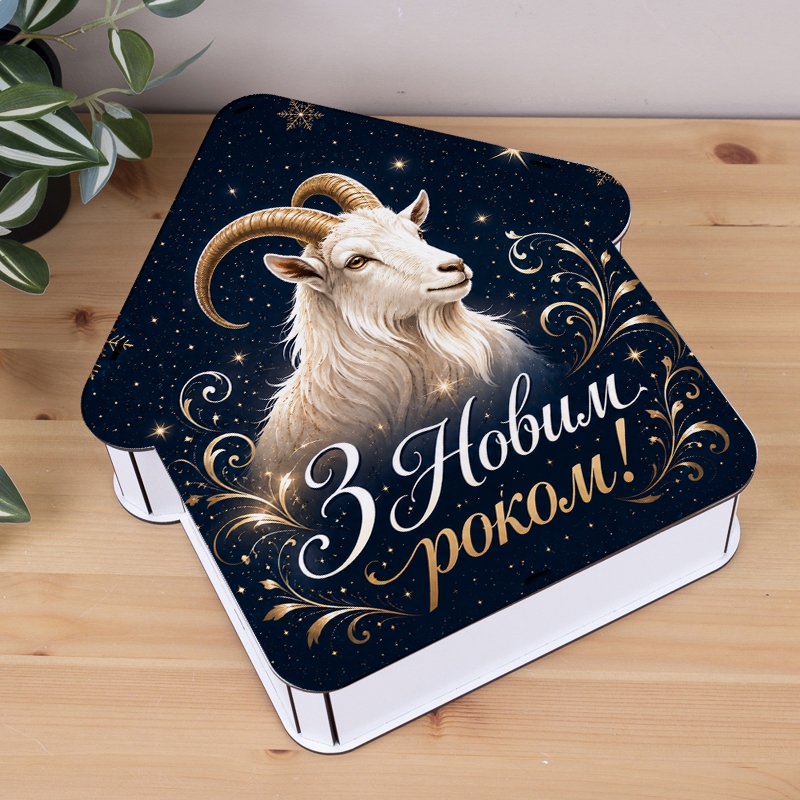 Подарункова коробка у формі хатинки різноколірна 27×22×27 см «З Новим роком — білий козел на синьому тлі»