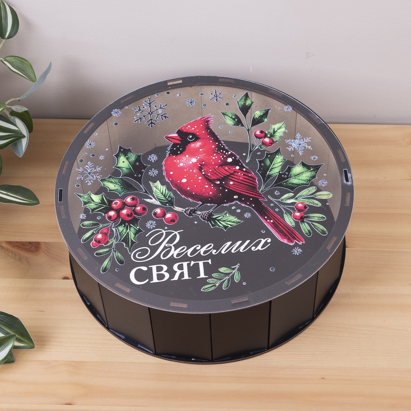 Подарункова коробка кругла чорна з прозорою кришкою ⌀19.5×5.5 см «Снігур Веселих Свят»