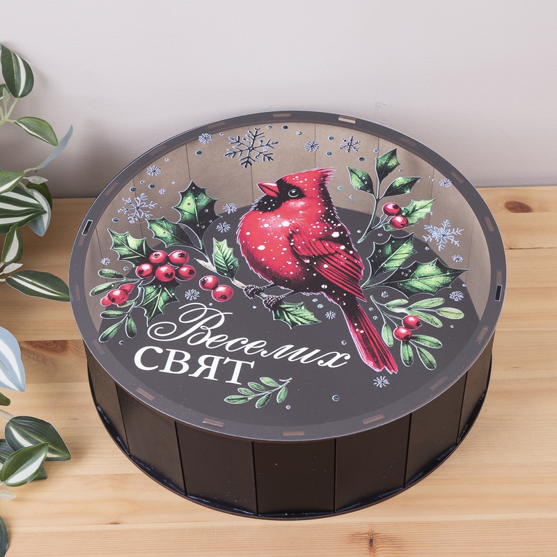 Подарункова коробка кругла чорна з прозорою кришкою ⌀19.5×5.5 см «Снігур Веселих Свят»
