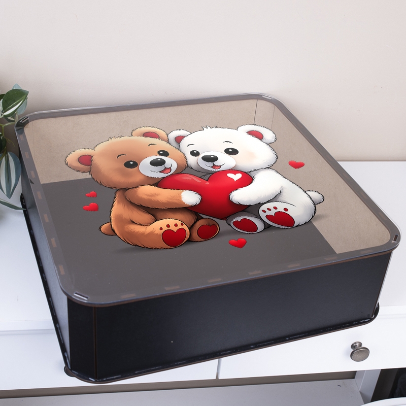 Подарункова коробка квадратна чорна з прозорою кришкою 19.4×19.4×5.4 см «Ведмедики — з кришкою»