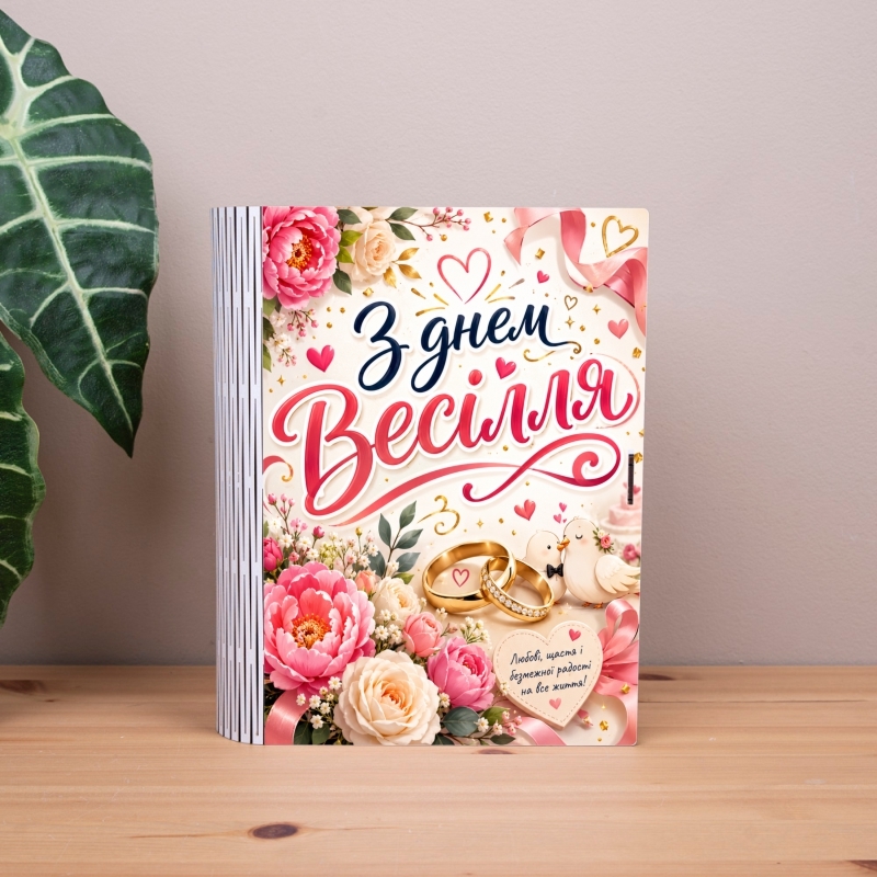 Подарункова коробка у формі книги рожева 25×21×6 см «З днем весілля класика рожеві квіти»