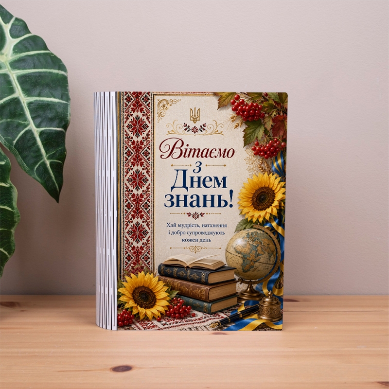 Подарункова коробка у формі книги різноколірна 25×21×6 см «вишивка Вітаємо з днем знань!»