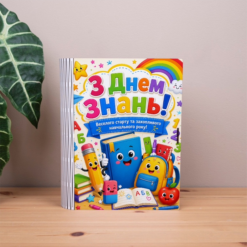 Подарункова коробка у формі книги різноколірна 25×21×6 см «З днем знань! Веселкова»