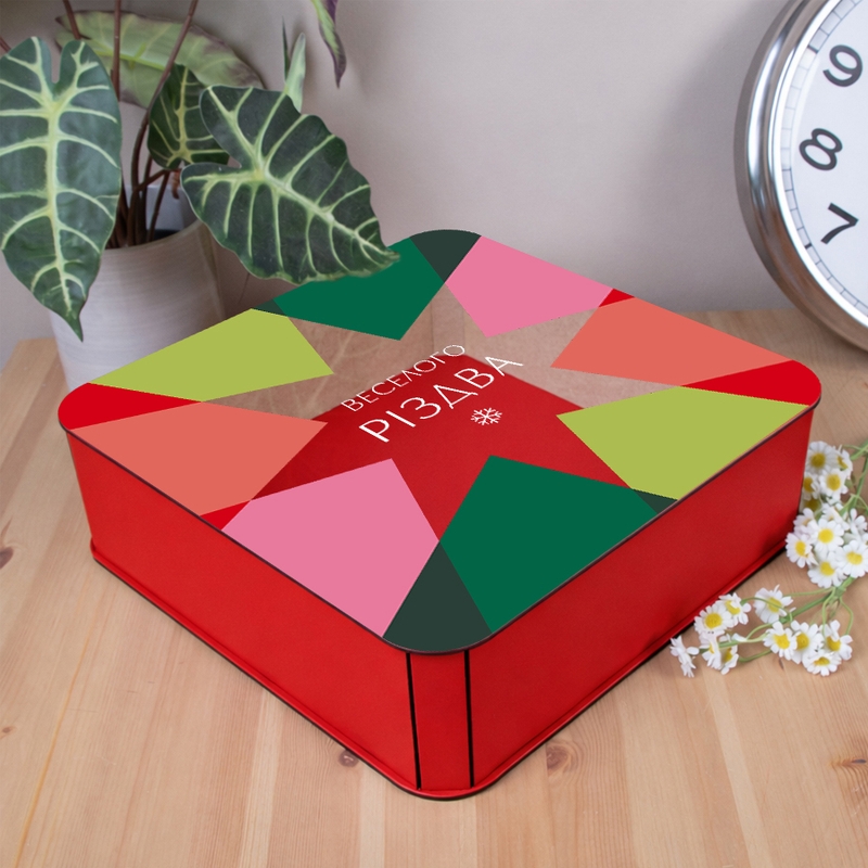 Подарункова коробка квадратна червона з прозорою кришкою 19.4×19.4×5.4 см «ВЕСЕЛОГО РІЗДВА»