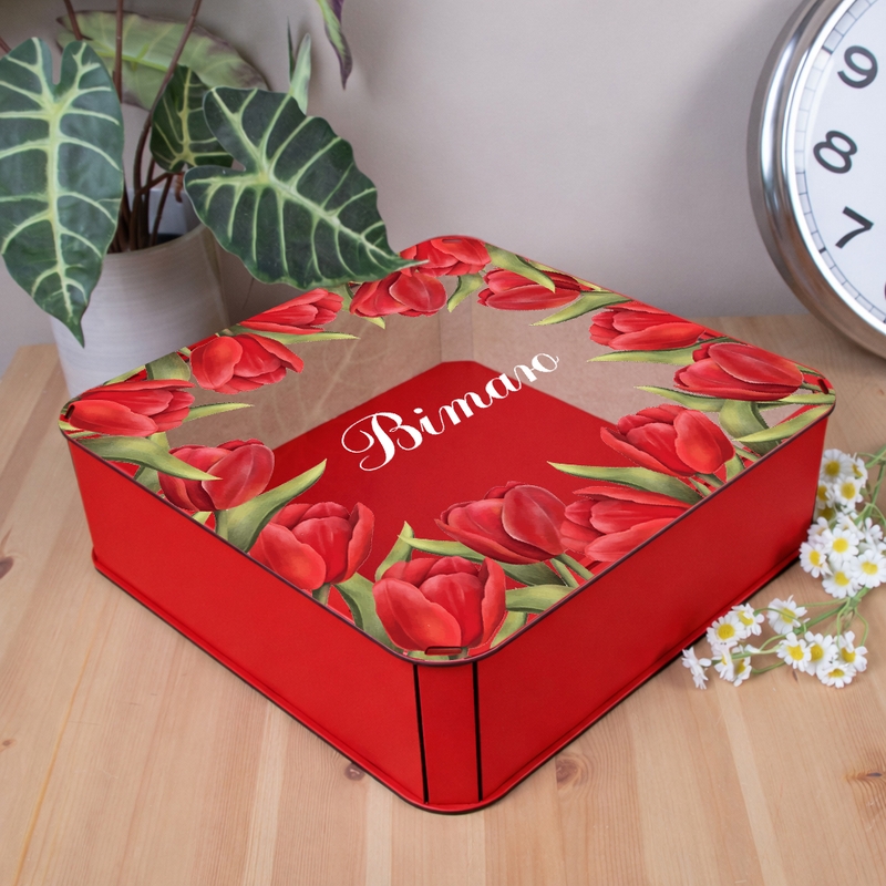 Подарункова коробка квадратна червона з прозорою кришкою 19.4×19.4×5.4 см «Червоні тюльпани»