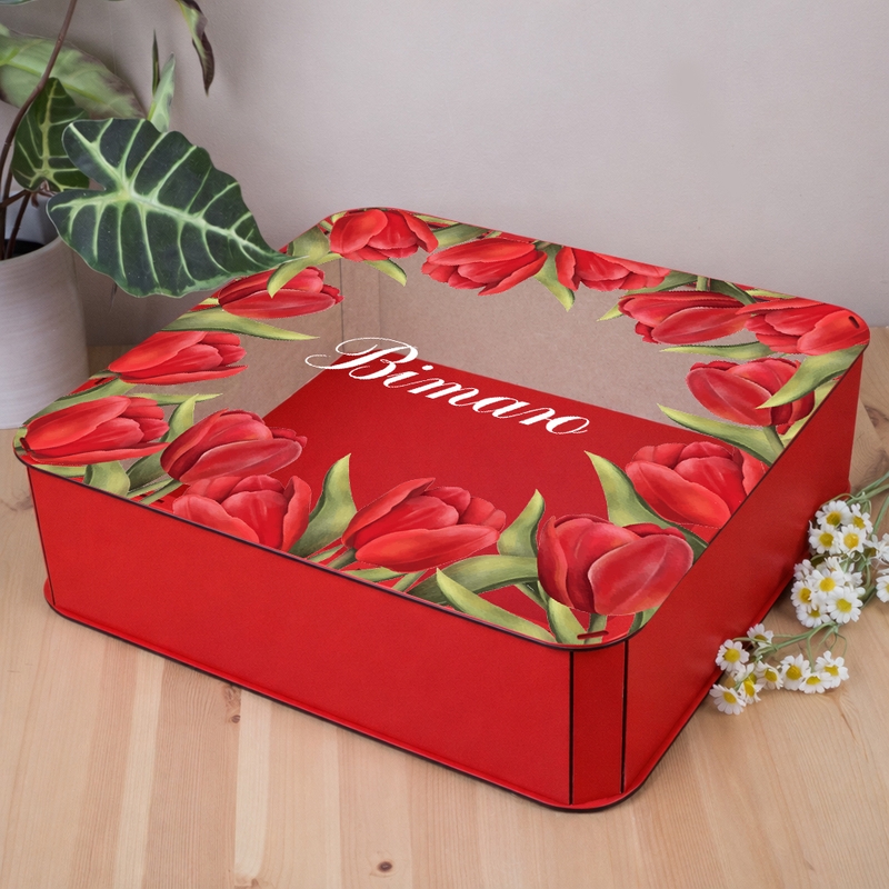 Подарункова коробка квадратна червона з прозорою кришкою 19.4×19.4×5.4 см «Червоні тюльпани»