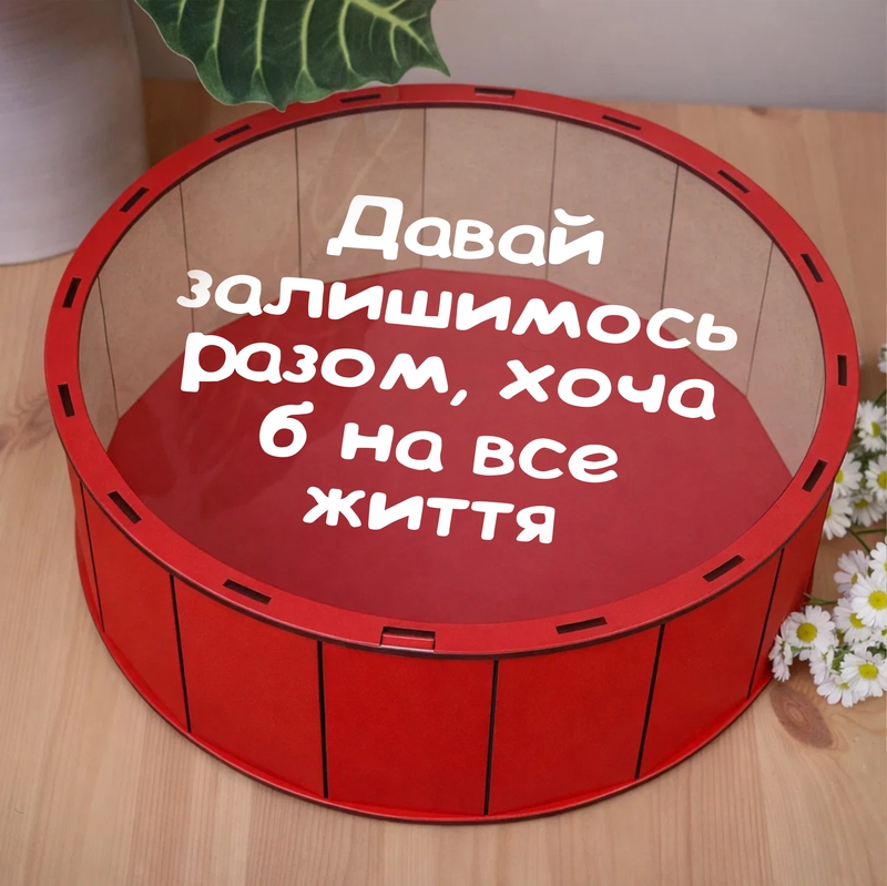 Подарункова коробка кругла червона з прозорою кришкою ⌀19.5×5.5 см «Давай залишимось разом... — ( )»