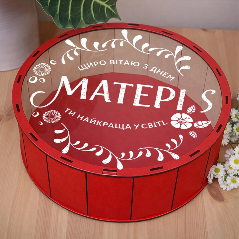 Подарункова коробка кругла червона з прозорою кришкою ⌀19.5×5.5 см «( ) Вітаю з Днем Матері»