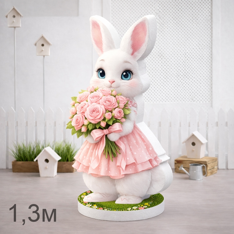 Ростова фігура з пінопласту (50–80 мм), 130 см «Зайчик з букетом» з вашим логотипом