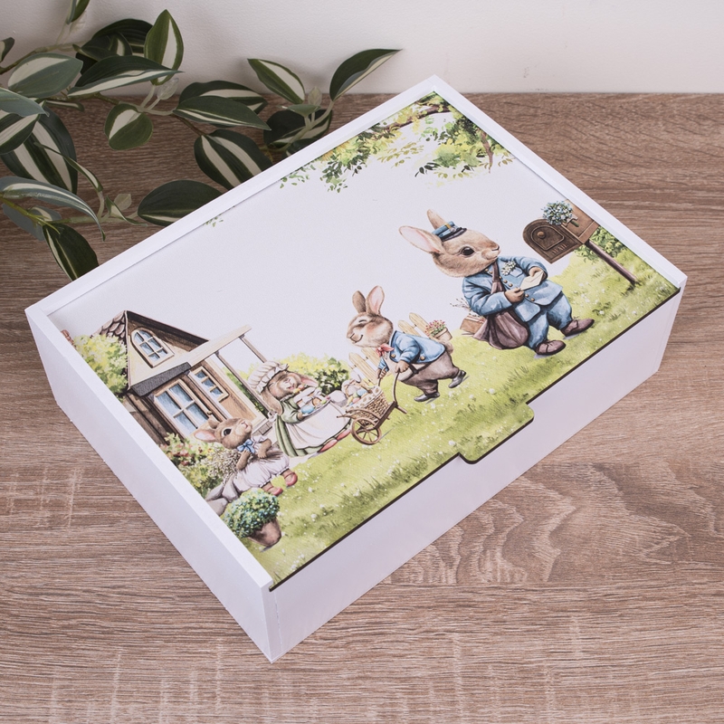 Подарункова коробка прямокутна біла 23×16×6.5 см «Зайчики на галявині»
