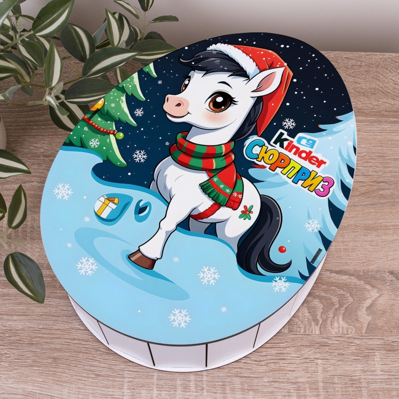 Овальна подарункова коробка Kinder блакитна 25×19×7.6 см «Коник блакитний»