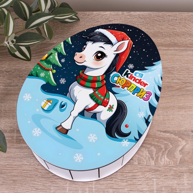 Овальна подарункова коробка Kinder блакитна 25×19×7.6 см «Коник блакитний»