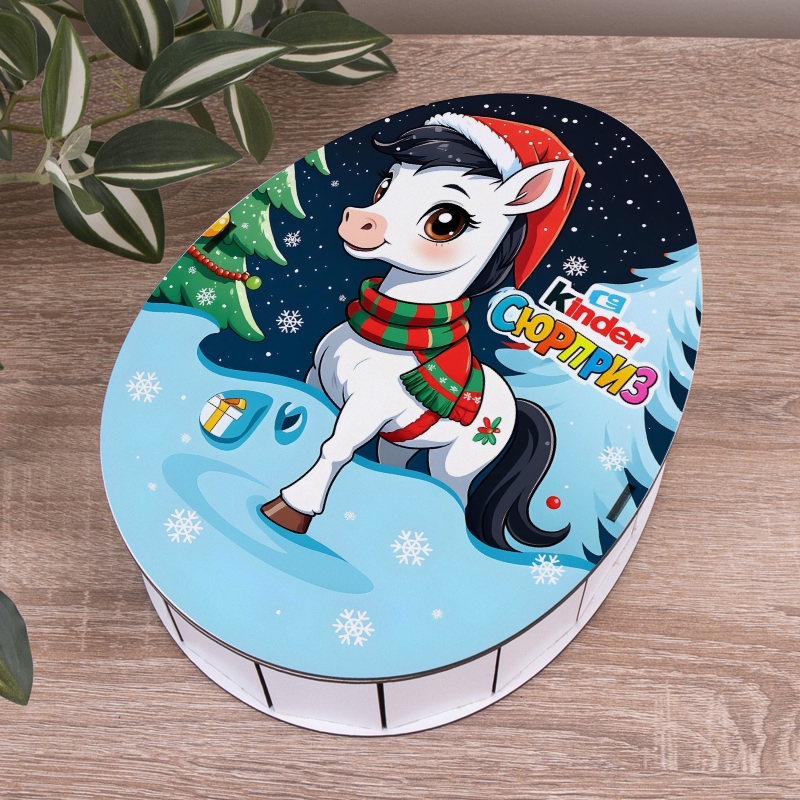 Овальна подарункова коробка Kinder блакитна 25×19×7.6 см «Коник блакитний»