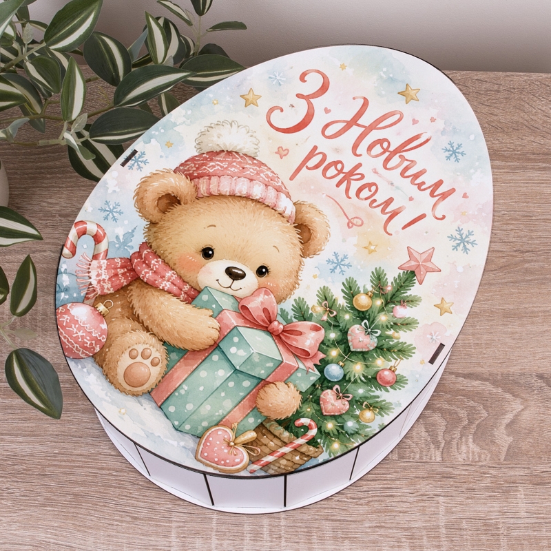 Овальна подарункова коробка Kinder 28.5×21.6×9.3 см «Ведмедик З новим роком!»