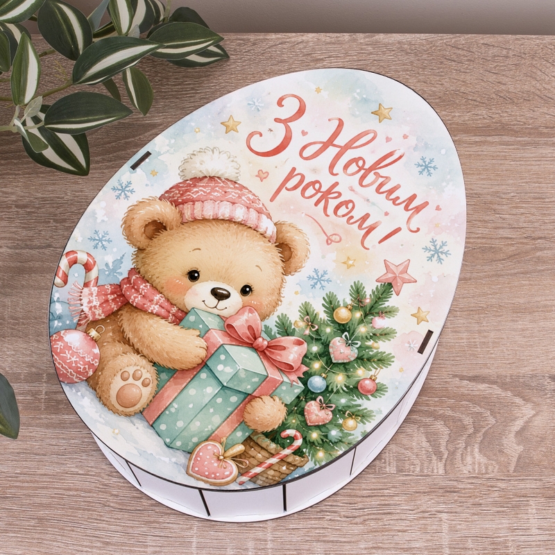 Овальна подарункова коробка Kinder 28.5×21.6×9.3 см «Ведмедик З новим роком!»
