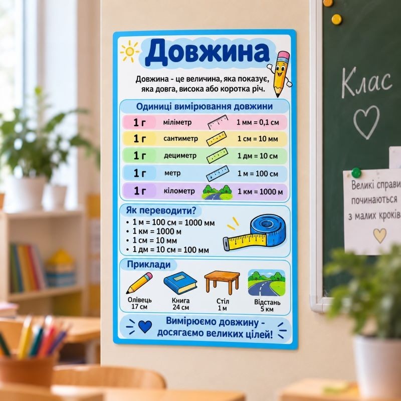 Шкільна табличка різноколірна «Довжина — Навчальна таблиця»