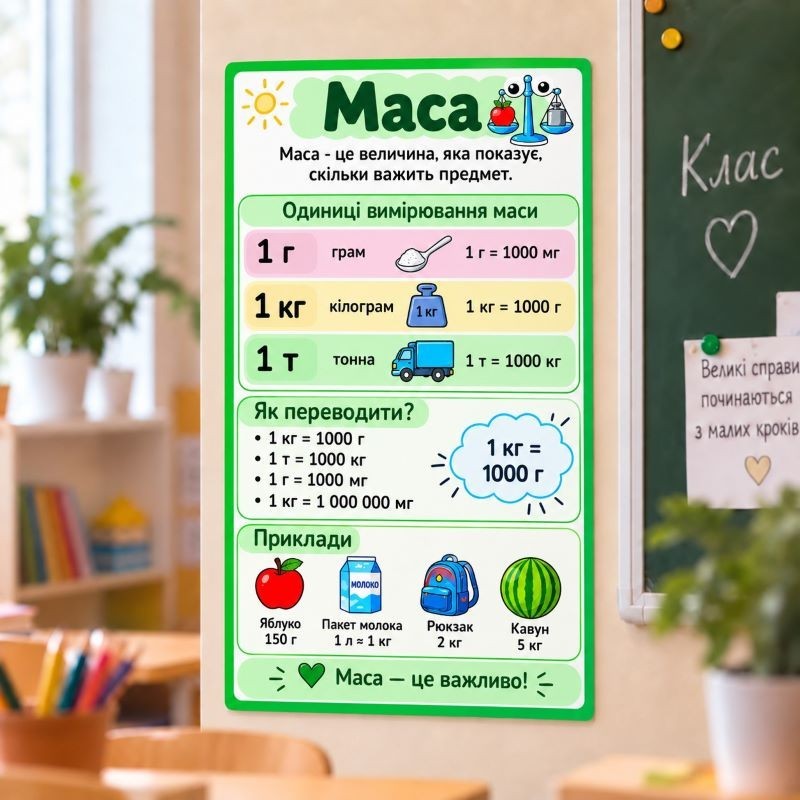 Шкільна табличка різноколірна «Маса — Навчальна таблиця»
