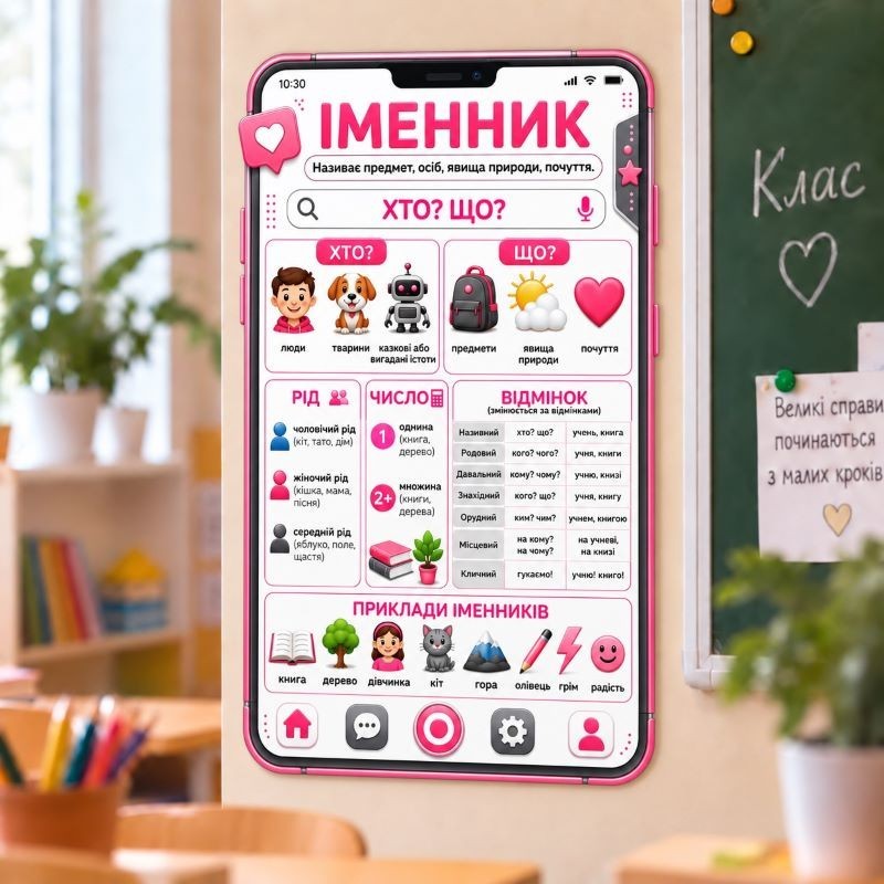 Шкільна табличка різноколірна «Іменник — Навчальна таблиця»
