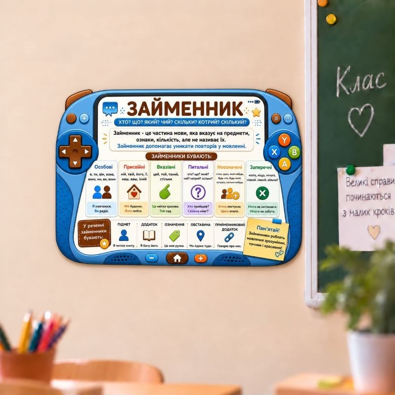 Шкільна табличка різноколірна «Займенник — Навчальна таблиця»