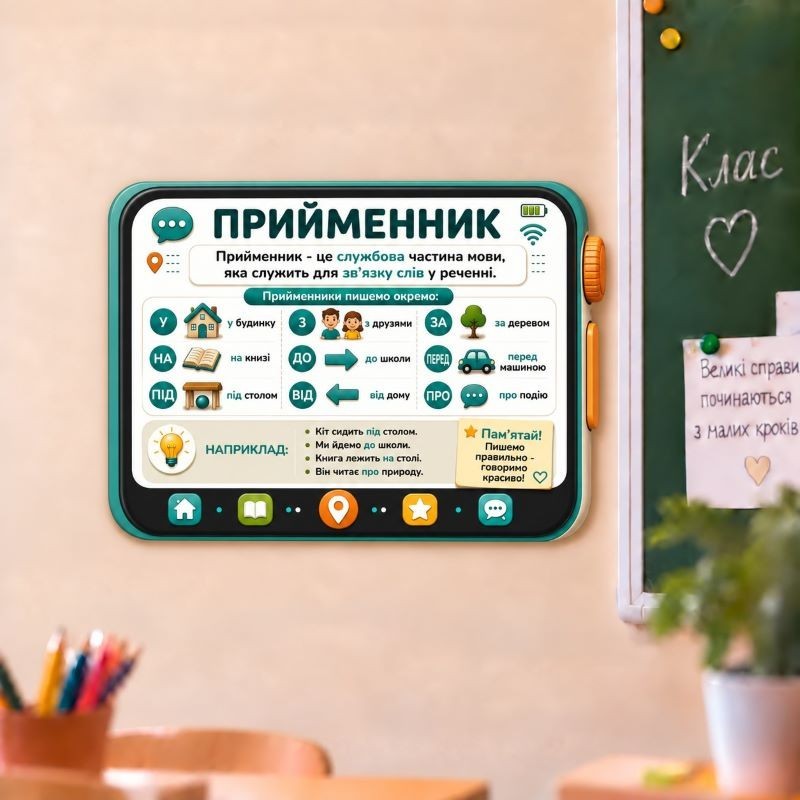 Шкільна табличка різноколірна «Прийменник — Навчальна таблиця»