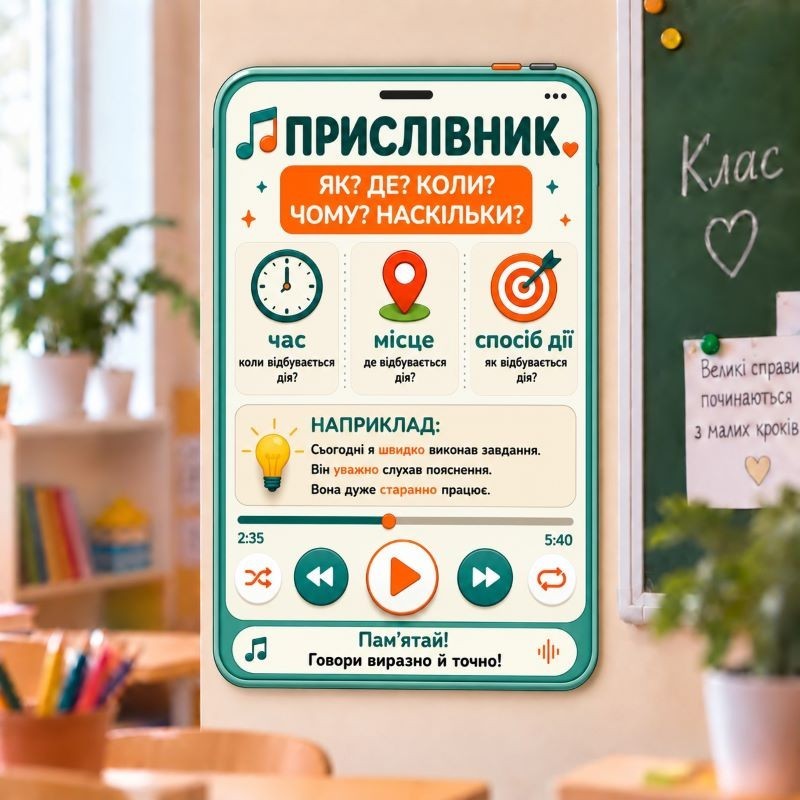 Шкільна табличка різноколірна «Прислівник — Навчальна табличка»