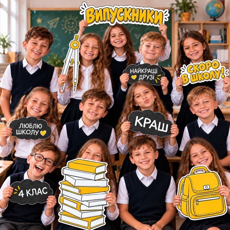 Шкільний реквізит «Книжки, рюкзак, Випускники, чорні хмарки»